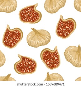 Dried figs Isolated on white background. Seamless pattern with dried fruits whole and half. Vector illustration of  natural sweets in cartoon flat style. Healthy food.