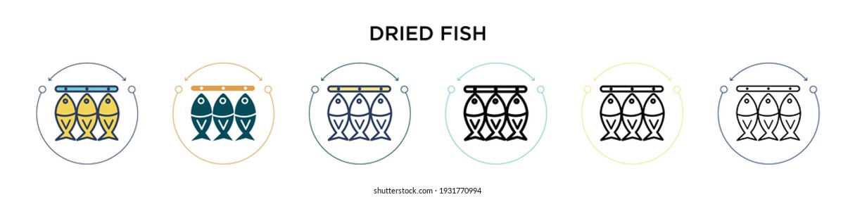 Icono de pez seco en el estilo relleno, delgado, contorno y trazo. Ilustración vectorial de dos íconos vectores de peces secos de color y negro se pueden utilizar para móviles, ui, web