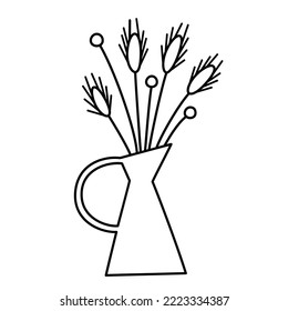 Dried Flowers In Ceramic Jug, Natural Wheat And Tail Grass Icon, Vector Doodle Illustration Of Trendy Boho Home Decor, Handmade Dry Flower Arrangement, Isolated Outline Clipart On White Background