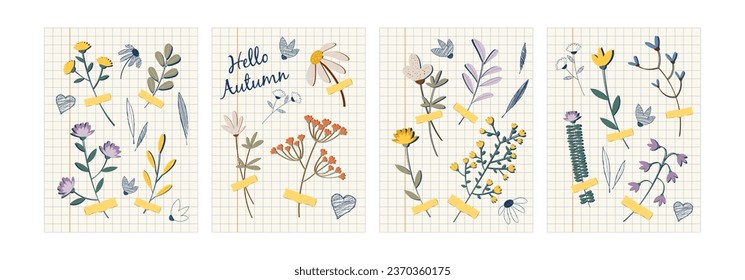 Las flores secas están pegadas a un papel portátil. Herbario de estilo retro con garabatos escolares. Ilustración vectorial de las plantas otoñales.