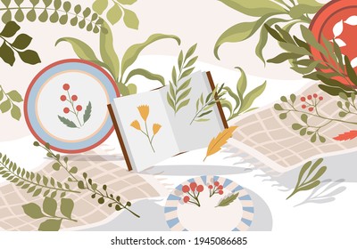Dried flowers and herbs vector flat illustration. Twigs and leaves for making bouquets and natural decorations. Dried plants in book or album, on plates. Handmade herbarium hobby concept.