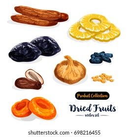 Dried Fruit Cartoon Icon Set. Raisins, Date, Apricot, Prune, Fig, Pineapple, Banana And Damson Fruit Isolated Sign For Natural Healthy Sweets And Snack Food Packaging Label Design