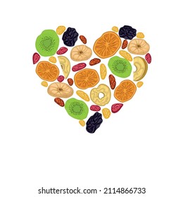 Corazón de fruta seca. Muestra. Imagen multicolor de rodajas secas de manzana, kiwi, naranja con ciruelas y bayas secas de barezas y pasas. Hay espacio libre para el texto. Ilustración vectorial.