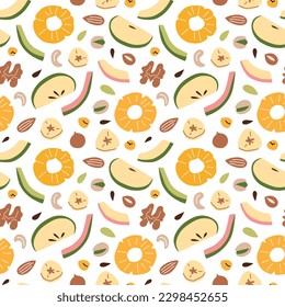 Dried fruit and nuts hand drawn seamless pattern, doodle colored ornament of pineapple chunks, apple slices icons, vector illustrations of almond, cashew, banana chips on white background