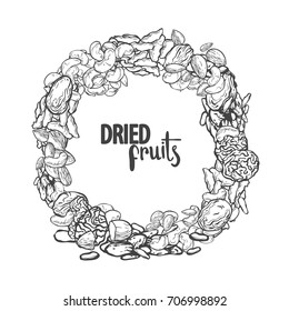 Dried fruit on circle, vector monochrome illustration isolated on white background