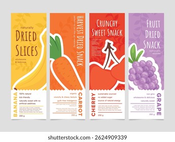 Dried fruits banana cherry carrot grape label tag design template set vector flat illustration. Vegetarian organic snack tropical dry candy healthy sweet food pack diet dessert sticker emblem