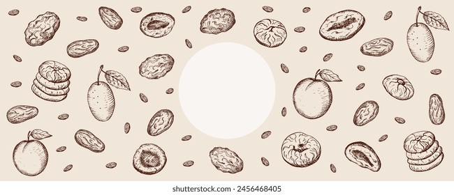 Ilustración vectorial de diseño de marco de Anuncio de frutas secas. Frutas deshidratadas vintage grabadas, postre seco oriental con higo, albaricoque, dátiles, ciruela pasa, pasa. Gráfico de alimentos para Plantilla, menú, tarjeta, signo