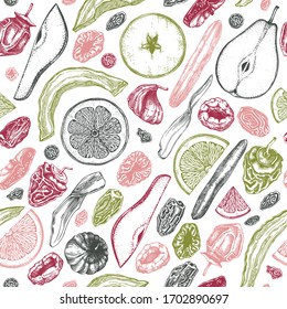 Frutas secas y bayas sin fisuras. Fondo de frutas deshidratadas a mano con mango, melón, higo, albaricoque, plátano, persimón, dátiles, ciruela, pasas. Para comida vegana, aperitivos, desayuno saludable.