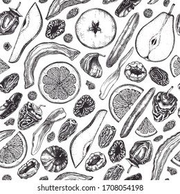 Dried fruits and berries seamless pattern. Hand drawn dehydrated fruits background with mango, melon, fig, apricot, banana, persimmon, dates, prune, raisin. For vegan food, snacks, healthy breakfast.