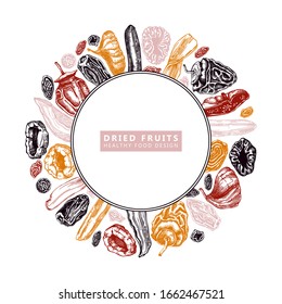 Dried fruits and berries wreath design. Vintage dehydrated fruits template. Healthy food dessert - dried mango, melon, fig, apricot, banana, persimmon, dates, prune, raisin. Vintage food background