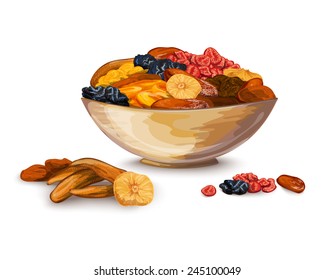 Dried fruits bowl composition with prune banana dried apricot vector illustration