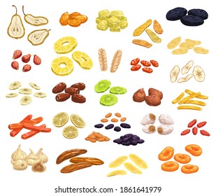 Dried fruits and candied berries isolated vector icons. Apricot, raisins, prunes or dates or figs, banana, pineapple or kiwi with lemon. Sun dry sweet snack, sugared vegetarian natural healthy dessert