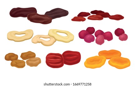 Dried Fruits with Cherry and Apricot Isolated on White Background Vector Set