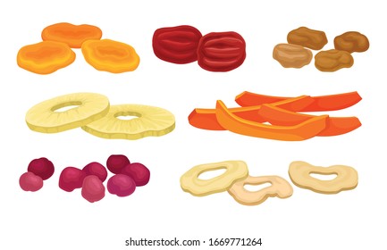 Dried Fruits with Cherry and Apricot Isolated on White Background Vector Set