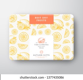 Dried Fruits Citrus Cardboard Box. Abstract Vector Wrapped Paper Container with Label Cover. Packaging Design. Modern Typography and Hand Drawn Lemons and Leaves Background Pattern Layout. Isolated.