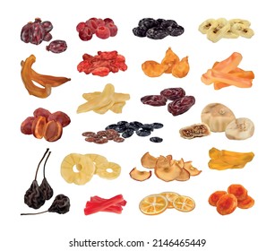 Dried fruits collection in realistic style. Detailed illustrations.