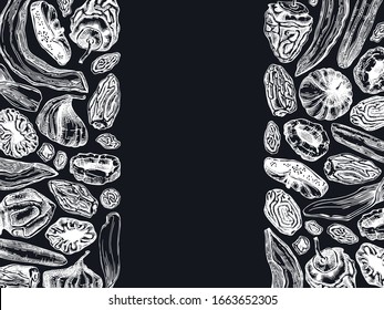 Dried fruits design on chalk board. Vintage dehydrated fruits template. Healthy food dessert - dried mango, melon, fig, apricot, banana, persimmon, dates, prune, raisin. Food and snacks bar menu.