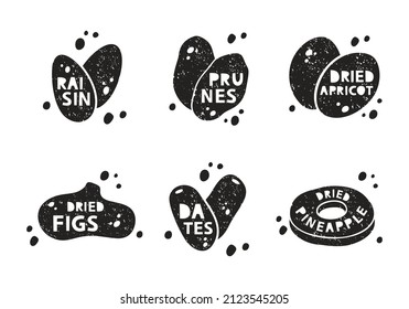 Dried fruits, grunge stickers set. Raisin, prunes, apricot, fig, pineapple, dates. Black texture silhouette with lettering inside. Imitation of stamp, print with scuffs. Hand drawn illustration