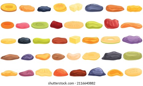 Dried fruits icons set cartoon vector. Apricot fig. Food pineapple