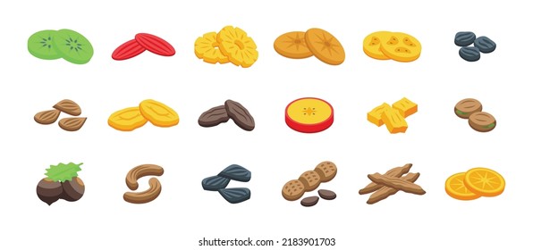 Dried Fruits Icons Set Isometric Vector. Apricot Fig. Food Raisin