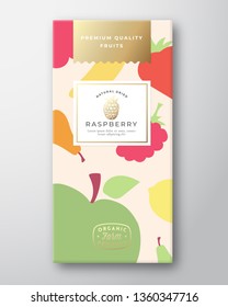 Dried Fruits Label Packaging Design Layout. Abstract Vector Paper Box with Colorful Fruit and Berries Pattern Background Cover. Modern Typography and Hand Drawn Raspberry. Isolated.