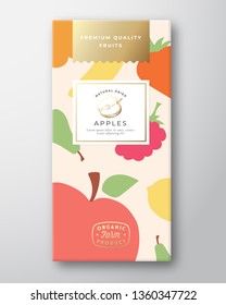 Dried Fruits Label Packaging Design Layout. Abstract Vector Paper Box with Colorful Fruit and Berries Pattern Background Cover. Modern Typography and Hand Drawn Apple. Isolated.
