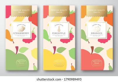 Dried Fruits Label Packaging Design Layout Collection. Vector Paper Box with Fruit and Berries Pattern Background Cover. Modern Typography and Hand Drawn Pineapple, Strawberry and Oranges. Isolated.