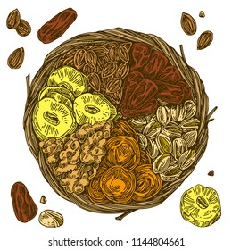 Dried fruits and nuts in the basket. Color. Engraving style. Vector illustration.