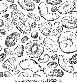 Dried fruits and nuts drawing. Seamless vector pattern. Mix of cashew, hazelnuts, peanuts, dried apricots, raisins. Healthy snack, granola ingredient sketch. Hand drawn cranberry, coconut, banana, fig