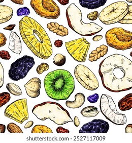 Dried fruits and nuts drawing. Seamless vector pattern. Mix of cashew, hazelnuts, peanuts, dried apricots, raisins. Healthy snack, granola ingredient sketch. Hand drawn cranberry, coconut, banana, fig
