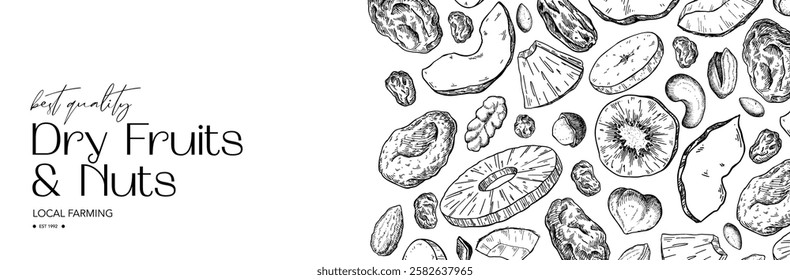 Dried fruits and nuts drawing. Vector label template. Mix of cashew, hazelnuts, peanuts, dried apricots, raisins. Healthy snack, granola ingredient sketch. Hand drawn cranberry, coconut, banana, fig.