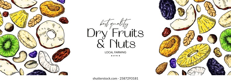 Dried fruits and nuts drawing. Vector label template. Mix of cashew, hazelnuts, peanuts, dried apricots, raisins. Healthy snack, granola ingredient sketch. Hand drawn cranberry, coconut, banana, fig.