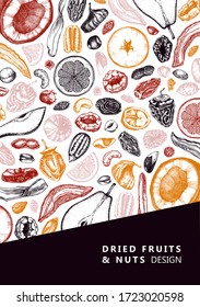 Dried fruits and nuts flyer design. Hand drawn dehydrated fruits sketches. Vintage nuts illustrations. For vegan food, snack, healthy breakfast, granola, baking, desserts. Engraved style card template