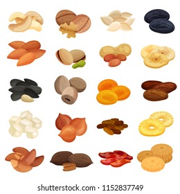 Dried fruits nuts healthy food nutrition realistic set with apricots almonds banana walnuts pistachios isolated vector illustration  