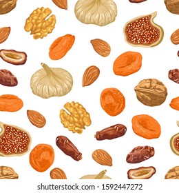 Dried fruits and nuts seamless pattern on white background. Vector illustration of figs, walnuts, dried apricots, almonds, dates in cartoon flat style. Natural sweets, organic food.
