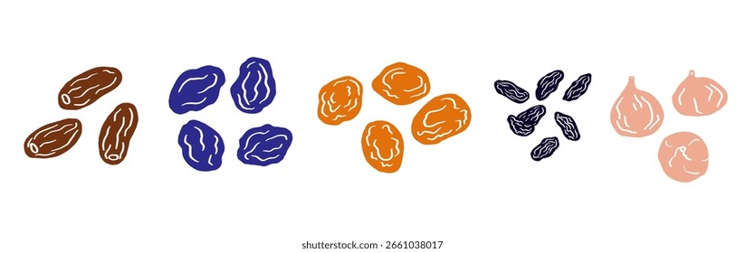 Frutos secos sobre fundo isolado. Frutos desidratados, sobremesa seca oriental com figo, damasco, tâmaras, ameixa, passa. Ilustração de vetor de alimentos para logotipo, rótulo, cartão, embalagem, design.