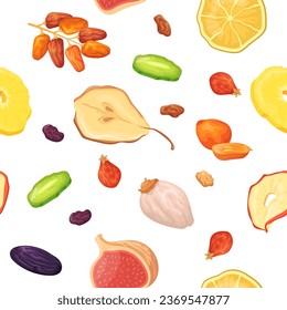 Dried fruits pattern. Seamless texture of different dry fruit and nuts, date raisin apricot lemon plum pineapple mango peanut grape cartoon food background vector illustration of seamless texture food
