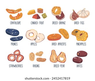 Dried Fruits Set. Cantaloupe, Orange, Figs, Prunes and Apples. Apricot, Pineapple, Strawberries and Raisins