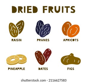 Dried fruits, silhouette icons set. Raisin, prunes, apricot, fig, pineapple, dates. Color hand drawn elements on white background