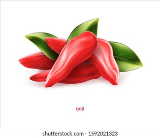 Dried goji berries with green leaves isolated on white background. Realistic illustration best for herbal tea or yogurt label or packagong desing.