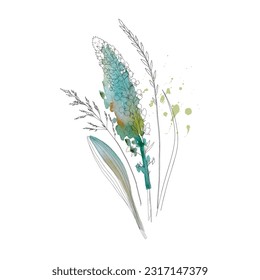 Dried grass floral bouquet, frame. Wildflowers, herbs border painted in watercolor. Botanical boho elements isolated on white. Wedding invitation, greeting, card, print