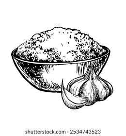 Dried ground garlic in a bowl. Vector graphics with the image of fragrant spices. A black and white hand-drawn illustration. On a white background. Great for cooking recipes, menus, posters or labels.