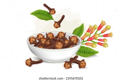 Dried herb Cloves vector illustration with cloves plant and green leaf