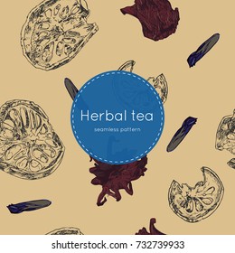 dried herbal thai tea- bael fruit , roselle and butterfly pea flower ,hand draw seamless pattern