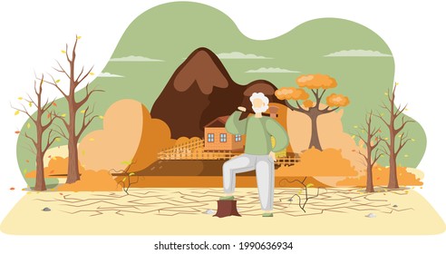 Dried, hot and empty planet globe. Change climate, saving Earth and environmental care. Woodcutter with an ax. Environment contamination. Problem of deforestation and devastation of territories