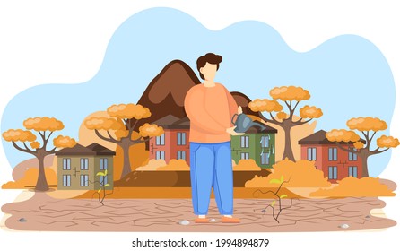 Dried, hot and lifeless land with cracks. Change climate, environmental pollution theme with man watering dead tree with watering can, tree felling and urban growth, dead plant, spoiled ecology