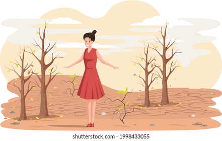 Dried, hot and lifeless land with cracks. Change climate concept, environmental pollution theme with sad woman stands near withered tree felling and urban growth, dead plant, spoiled ecology