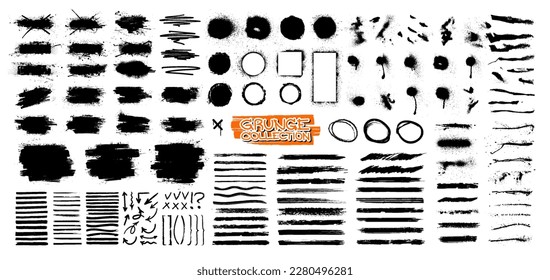 Dried ink strokes, splatter marks, paint streaks, various brushes. Grunge set - frames, circle, paint brush stroke, dirty design elements in graphic box. Square, rectangle, text info template, Vector