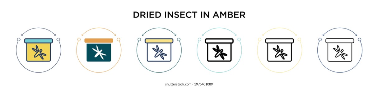 Dried insect in amber icon in filled, thin line, outline and stroke style. Vector illustration of two colored and black dried insect in amber vector icons designs can be used for mobile, ui, web