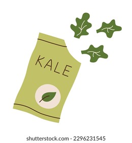 Icono del paquete de kale seco, ilustración del doodle vectorial de los copos de kale deshidratados, bocadillos veganos sanos, chips a base de plantas, alimentos orgánicos enriquecidos, clipart de color aislado sobre fondo blanco